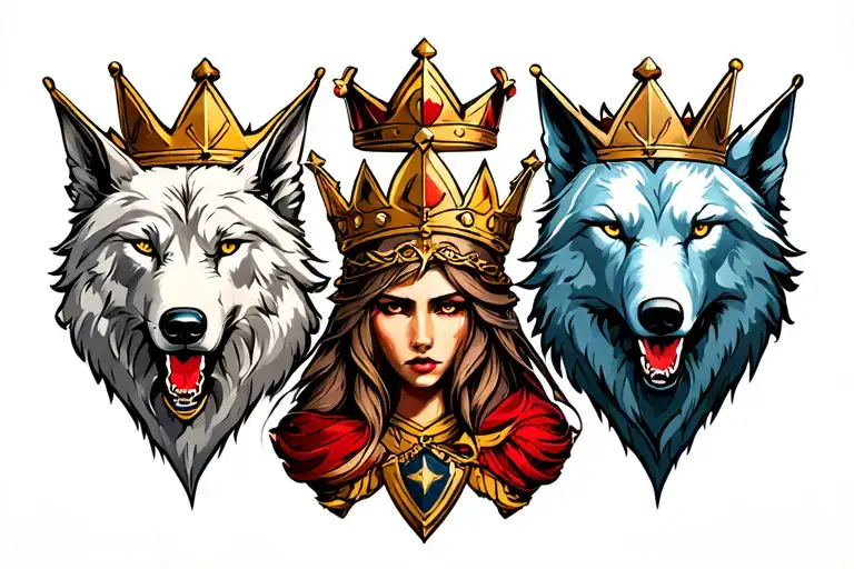 3 crowns with dire wolf and shield maiden tattoo design idea