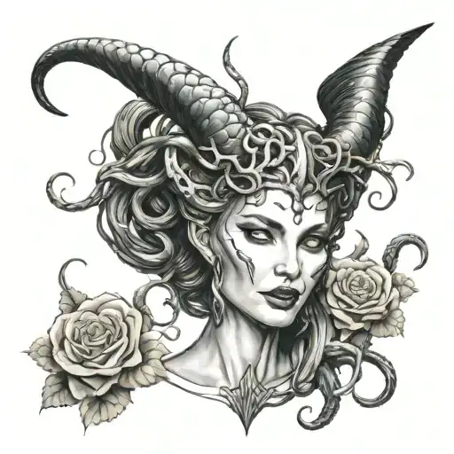 Medusa with snakes around her neck with maleficent horns and surrounded by roses and a tear that looks like a semi colen tattoo design idea