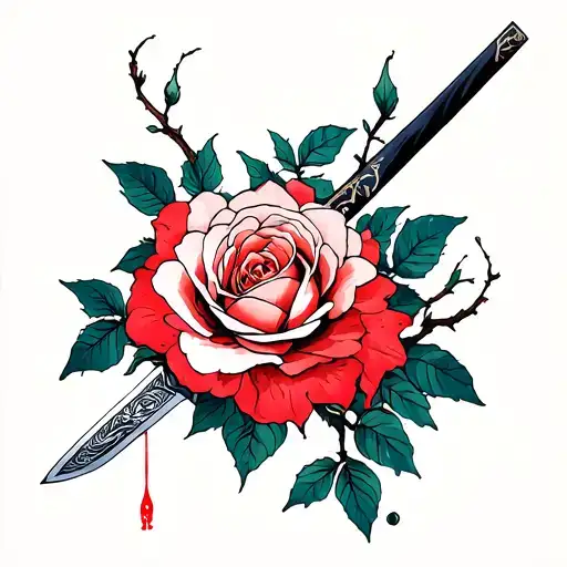 Rosa with its branches melting and a sword that crosses it. tattoo design idea