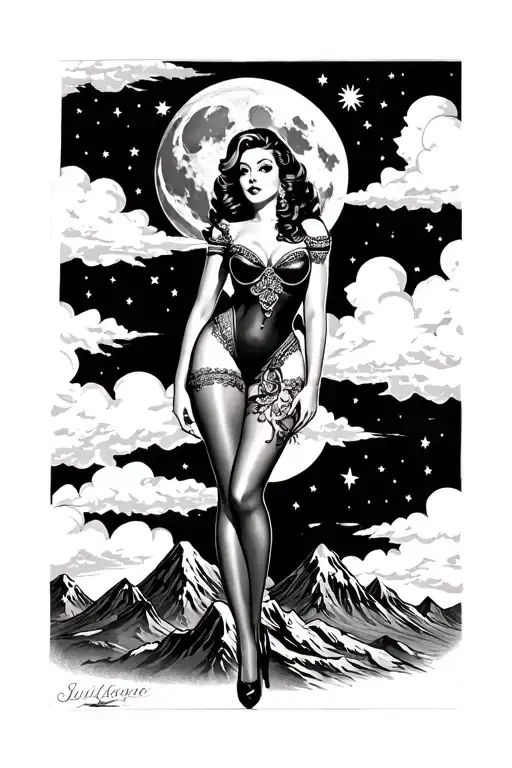 chicano style pinup girl dressed, stockings and heels, surrounded by moon, stars, sun, clouds and mountains tattoo design idea
