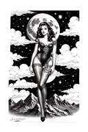 chicano style pinup girl dressed, stockings and heels, surrounded by moon, stars, sun, clouds and mountains tattoo design idea
