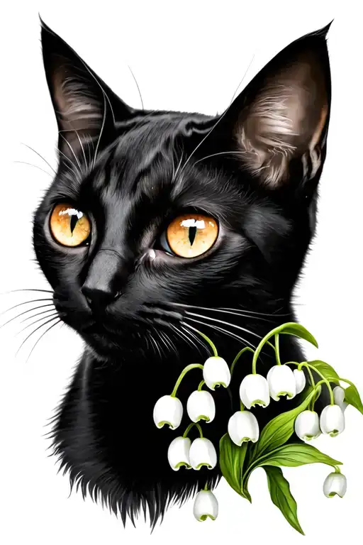 black female cat brown eyes with lily of the valley tattoo design idea