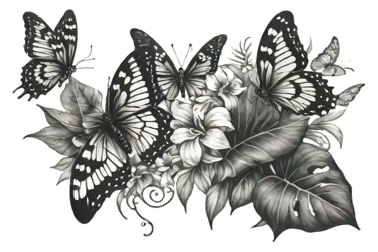 butterflies with monsteras and Tiare flowers  tattoo design idea