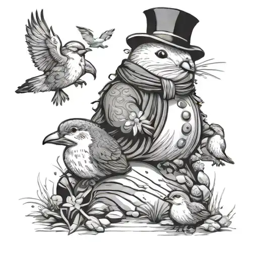 snowman, sea otter and birds tattoo design idea