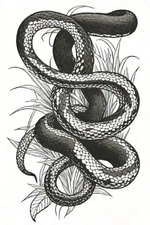 Snake on long grass from above. black and white drawing tattoo design idea