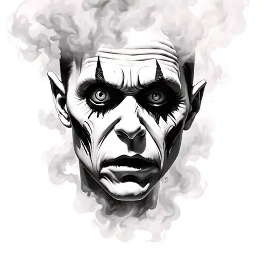 give me a realistic portrait of chuckys face with smoke in the background  tattoo design idea