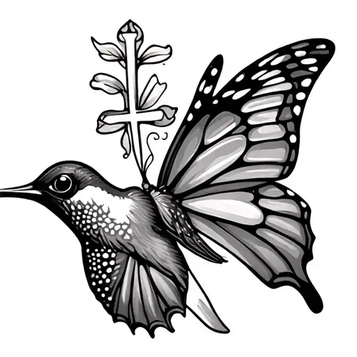 cancer ribbon cross hummingbird butterfly  tattoo design idea