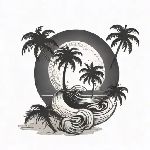 a yin and Yang symbol as a moon, with a coconut palm tree in front of it tattoo design idea