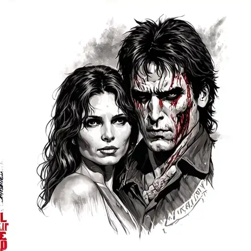 The Evil Dead 1981 film. There are should be Ash Williams, his girlfriend Linda,  Naturom Demonto (book), his posses tattoo design idea