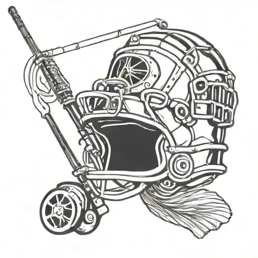 A football helmet and a fishing rod crossed, symbolizing the client's love for both football and fishing tattoo design idea