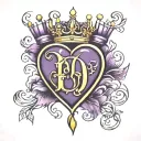 Letter D with crown purple heart tattoo design idea