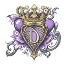 Letter D with crown purple heart tattoo design idea