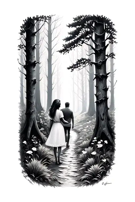 father daughter forest path tattoo design idea
