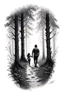 father daughter forest path tattoo design idea
