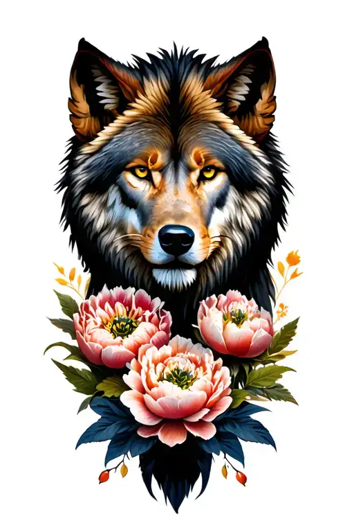 wolf, lion, phoenix, peony tattoo design idea