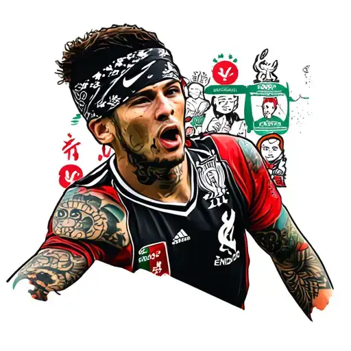 Endo Liverpool fc player wearing a bandana, full face with manga cartoons in background  tattoo design idea