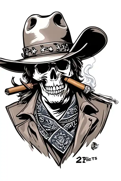 Tattoo of cowboy skull smoking a cigar and wearing a cowboy hat and 21 pilots bandana  tattoo design idea