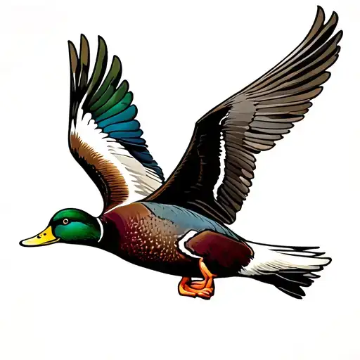 mallard duck flying in sky tattoo design idea