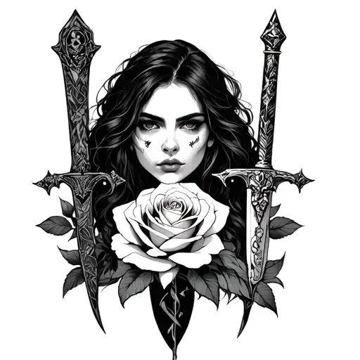 yor from spy x family with her dagger and rose in the middle tattoo design idea