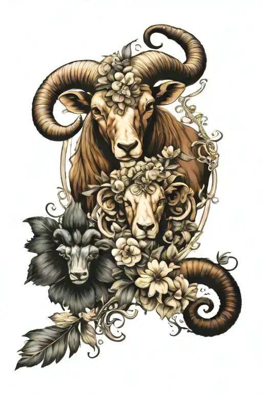 aries and leo zodiac sign surround with april birth flower and August birth flower tattoo design idea