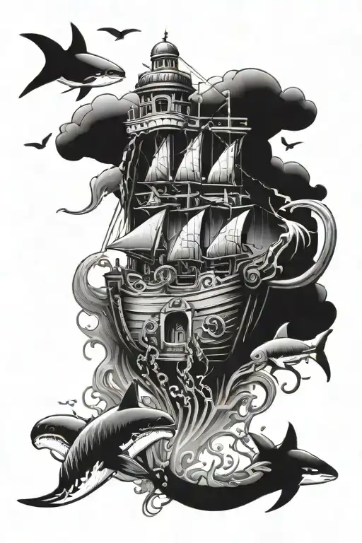 sunken ship, jelly fish, sharks, treasure chest tattoo design idea