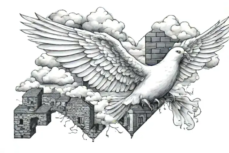 Dove, Clouds, Broken heart, bricks tattoo design idea