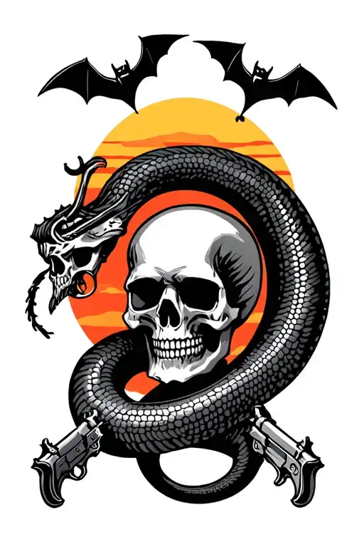 skulls with guns castles sunset bats serpent tattoo design idea