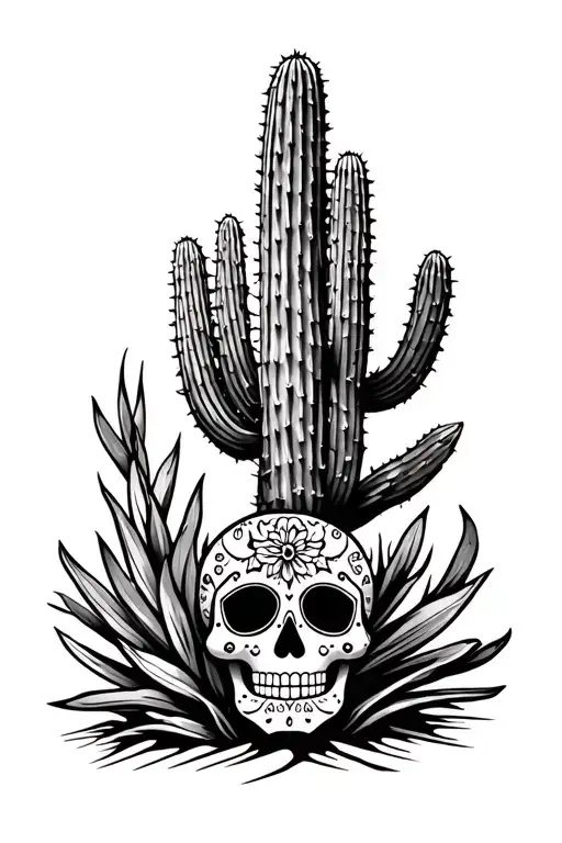 simple saguaro cactus left of tat agave plant right, with a small day of the dead style sugar skull at center base tattoo design idea