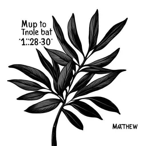 single fine line olive branch with Matthew 11:28-30 integrated into it in Roman numerals  tattoo design idea
