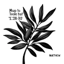 single fine line olive branch with Matthew 11:28-30 integrated into it in Roman numerals  tattoo design idea