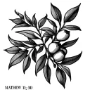 single fine line olive branch with Matthew 11:28-30 integrated into it in Roman numerals  tattoo design idea