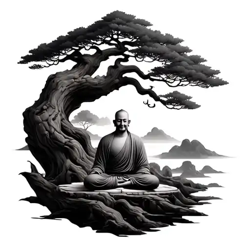 A peaceful monk meditating under a large ancient tree, like a bonsai or bodhi tree, with flowing robes and a serene expr tattoo design idea