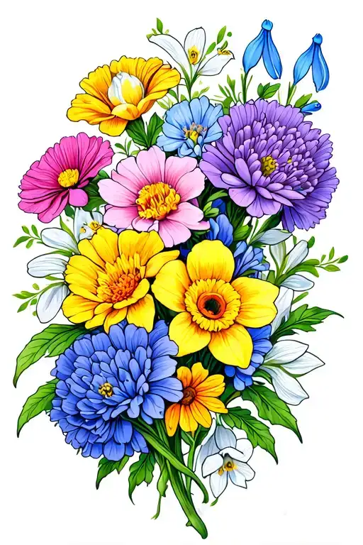 cascade of flowers with Carnation, snowdrop, Violet, Primrose, Daffodils, Gladiolus, and Chrysanthemums tattoo design idea
