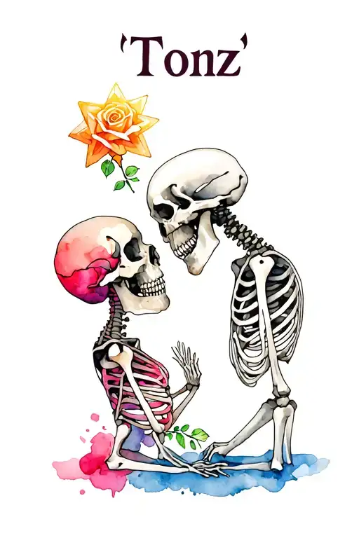 the word 'Tonz' 2 skeletons kissing and Star transforming into a rose tattoo design idea