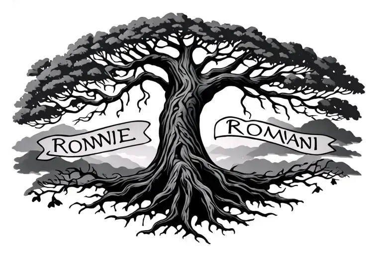 tree of life with names Ronnie and Romani tattoo design idea