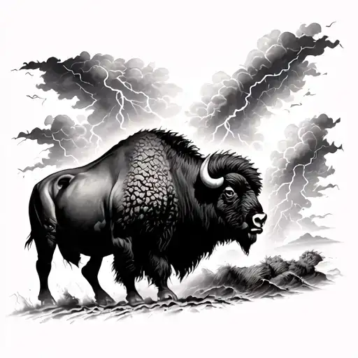on the left Bisons buffalos charging thunder storm coming on the right black and grey  tattoo design idea