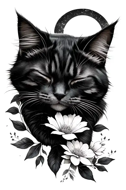 floral leaves fluffy black sleeping cat celestial tattoo design idea