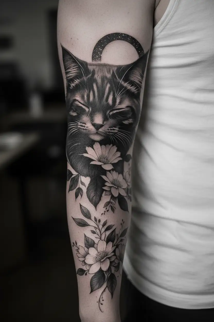 floral leaves fluffy black sleeping cat celestial tattoo design idea