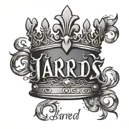 A KING´S CROWN WITH FLAMES AND THE NAME "JARED" BELOW OF THE CROWN WITH FONT GOTHIC tattoo design idea