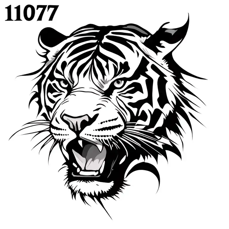 "11077" number 1077 with tiger face tattoo design idea