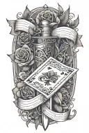 dagger going threw rose and vines wrapped around it with suits of cards etched in the blade  tattoo design idea