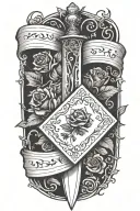 dagger going threw rose and vines wrapped around it with suits of cards etched in the blade  tattoo design idea