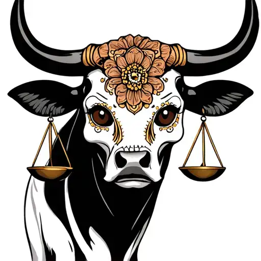 feminine bull with sugar skull markings, brown eyes and two Libra scales and dark background tattoo design idea