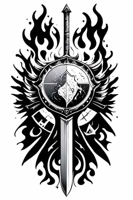 Full grid featuring elements like fire water wind earth dark light, shield and sword behind  tattoo design idea