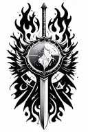 Full grid featuring elements like fire water wind earth dark light, shield and sword behind  tattoo design idea