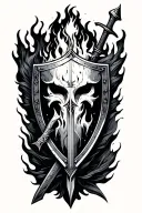 Full grid featuring elements like fire water wind earth dark light, shield and sword behind  tattoo design idea