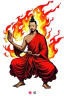 buddhist monk in flames, inspired by Thích Quảng Đức photo, with colors, in neo traditional japanese style tattoo design idea
