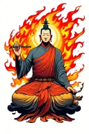 buddhist monk in flames, inspired by Thích Quảng Đức photo, with colors, in neo traditional japanese style tattoo design idea