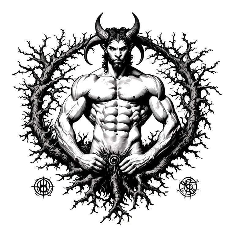 Gay male horned satyr with massive bodybuilder muscles. Surrounded by natural tree roots, vines and sigils tattoo design idea