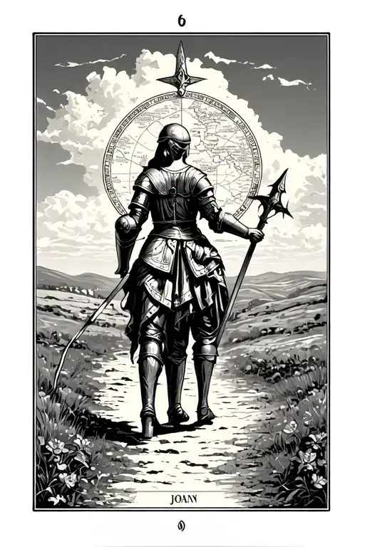 Map of Tarot Joan of Arc in back armor on a path looking towards the horizon tattoo design idea